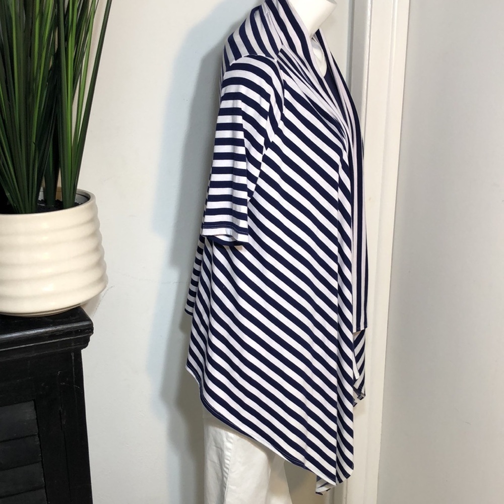 Miuse Navy Stripe Cascading Open Front Stretchy Knit Cardigan Jacket - Picture 5 of 8